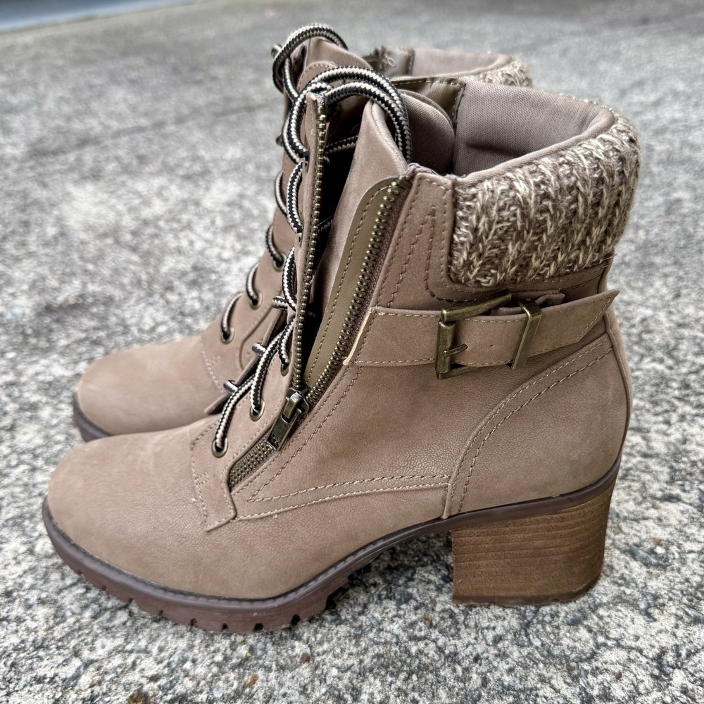 MIA Women's Size 8.5 Taupe Vegan Leather Suede Ankle Booties Lug Sole Block Heel - Picture 5 of 14